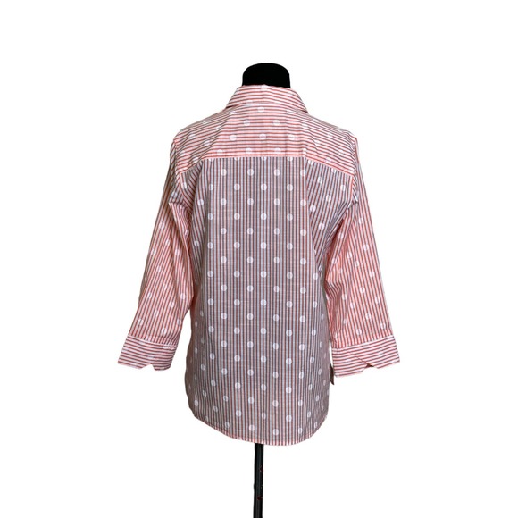 Foxcroft orange white striped polka dots 3/4 sleeves button shaped shirt size 8 - Picture 3 of 11